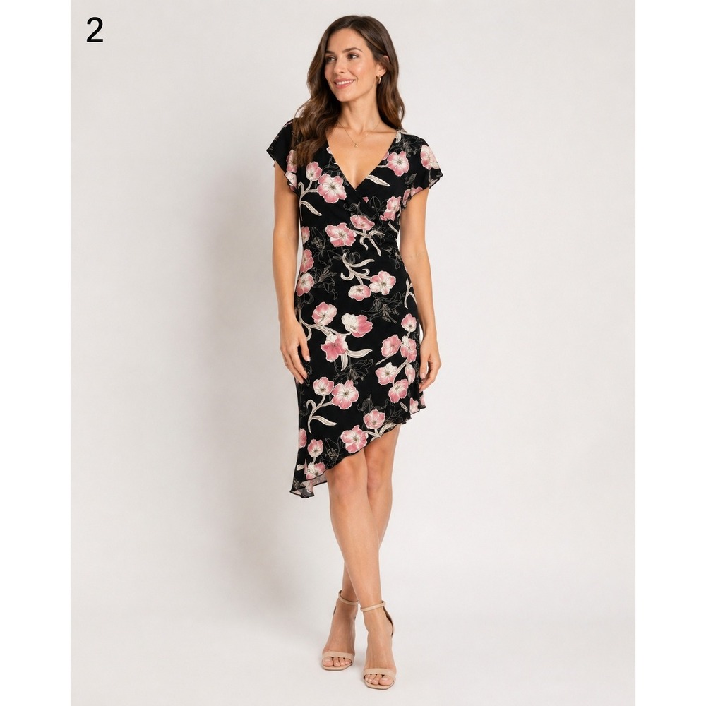 Vintage Y2K PS Asymmetrical Dress Womens Small Black Pink Floral Flutter Sleeve‎